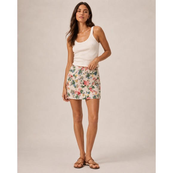Old Navy Dresses & Skirts - Old Navy Women 3X Linen Blend Floral Mini Skirt Cream Pink Blue Botanical A-Line
